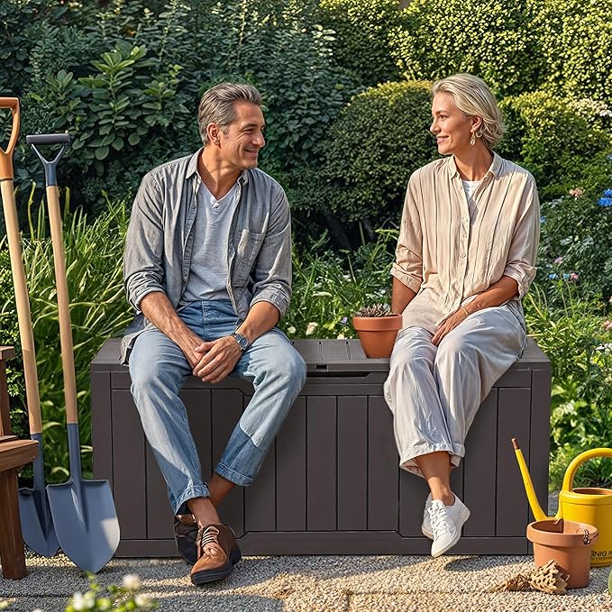 YITAHOME 80 Gallon Outdoor Storage Box, Large Water Resistant Resin Deck Box, Indoor Outdoor Lockable Storage Container for Patio, Garden, Cushions, Tools, Equipment (Dark Brown)