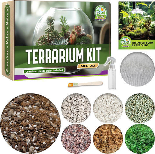 DUSPRO Recycle Terrarium Kit, Include Potting Soil, Pumice, Zeolite, Green Moss, Sphagnum Moss, Decorative Stone, Mesh, Tools, DIY Terrarium Kit for Kids, Air Plant, Succulent