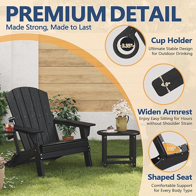Folding Adirondack Chair Set of 3 with Cup Holder, HDPE All Weather Resistant Plastic Outdoor Patio Chairs, Heavy Duty Fire Pit Seating for Backyard Lawn Garden, Wooden Textured Design(Black)