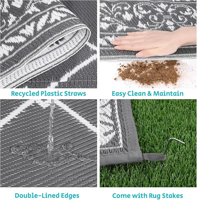 HEBE Outdoor Rug Waterproof 6x9, Reversible Plastic Straw Rug RV Camping Rug, Indoor Outdoor Patio Mat Clearance, Outside Carpet for Porch,Deck,Camper,Balcony,Backyard,Picnic