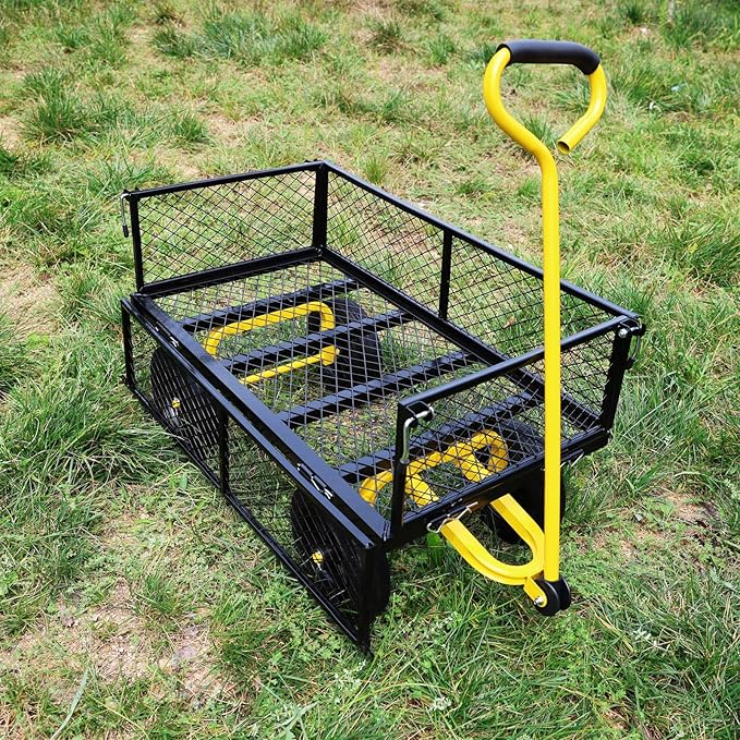 Heavy Duty 480 Lbs Capacity Mesh Steel Garden Cart Folding Utility Wagon with Removable Sides (Black+Yellow)