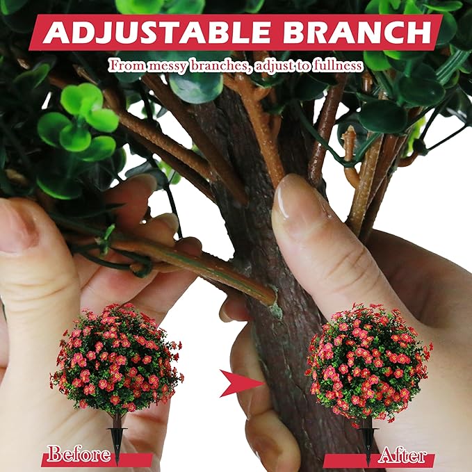 Sunnyglade Set of 2 Artificial Boxwood Topiary Ball Trees with Red Flower, Faux Shrub Bushes with Ground Spike 25.5", UV Resistant Fake Boxwood Plants for Indoor, Garden, Porch, Patio Decor (Red)