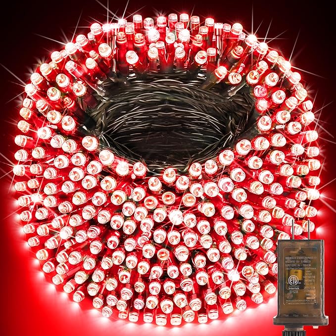 KNONEW 403FT 1000 LED Christmas String Lights Outdoor Green Wire Fairy Light 8 Modes & Timer Plug in Waterproof LED String Lights for Xmas Yard Tree Wedding Party Holiday Decorations(Red)