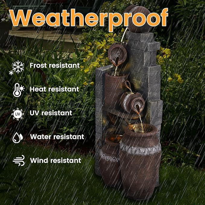 6-Tiers Garden Waterfall Fountain Outdoor - 31’5''H Water Fountains and Waterfalls, Large Outdoor/Indoor Floor Standing Resin Water Fountain with LED Light for Patio, Garden and Home (31.5”H)