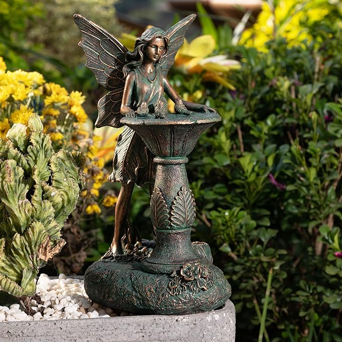 TERESA'S COLLECTIONS Fairy Garden Statues with Solar Outdoor Light for Outdoor Decor, Bronze Fairy Resin Garden Sculptures & Statues for Garden Decor, Yard Art for Lawn Housewarming Gifts for Mom 9.4"
