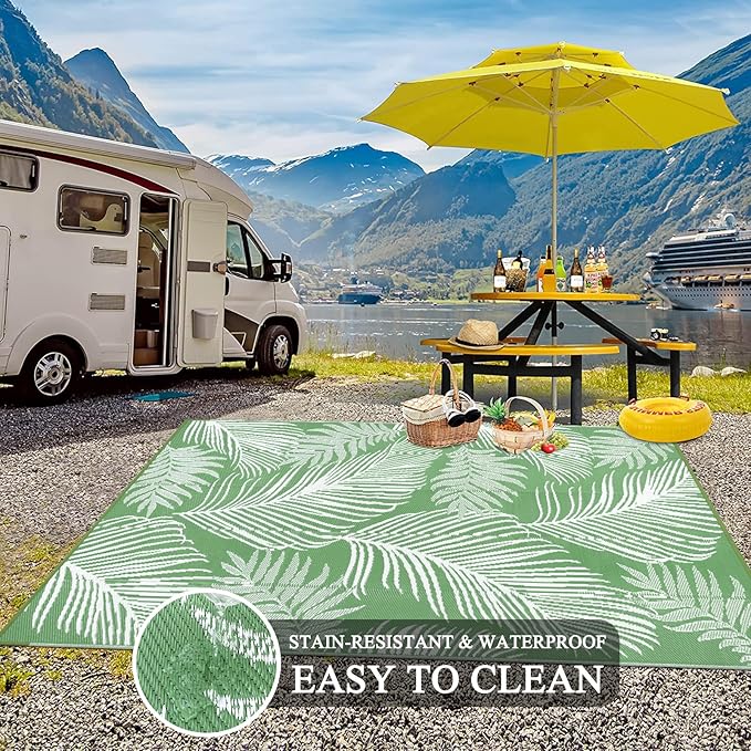 Pauwer Waterproof Outdoor Rug 6x9, Reversible Plastic Straw Patio Camping Rug, Indoor Outdoor RV Mat Carpet for Deck, Camper, Porch, Balcony, Backyard, Picnic, Leaf Green