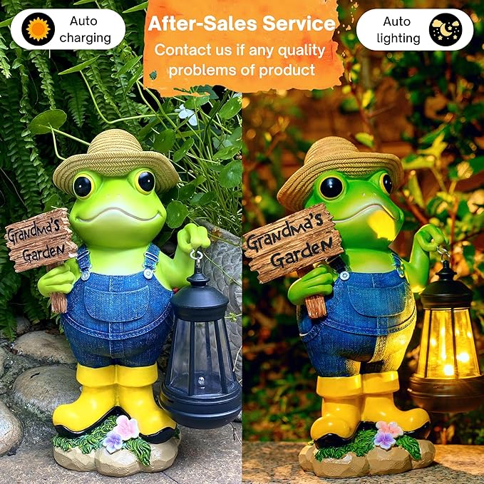 Frog Garden Statue with Solar Light, Gardener Frog Decoration with Solar Lantern Light for Home, Outdoor, Garden, Patio and Yard Decor, Best Gifts for Mom/Grandma, Grandma's Garden