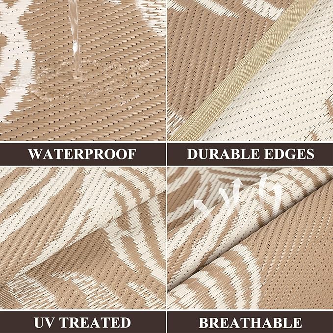 Pauwer Waterproof Outdoor Rug 9x12, Reversible Plastic Straw Patio Camping Rug, Indoor Outdoor RV Mat Carpet for Deck, Camper, Porch, Balcony, Backyard, Picnic, Leaf Brown