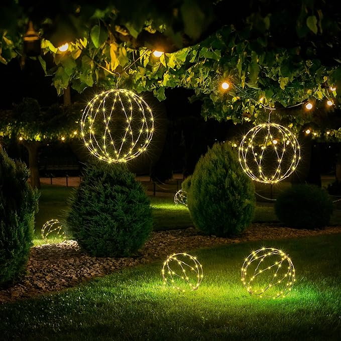 LIGHTSHARE 248LED 12IN+16IN+20IN Light Ball Yard Decoration Pathway Lights White Sphere Light Fold Flat Metal Frame Indoor Outdoor Waterproof Garden Lights, Plug in(Set of 3)