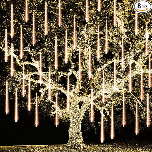 TW SHINE Christmas Meteor Shower Lights Outdoor, 288 LED 12" 8 Tubes Waterproof Christmas Lights Outdoor Plug in, Snow Falling Rain Icicle Xmas Lights Decorations, Warm White