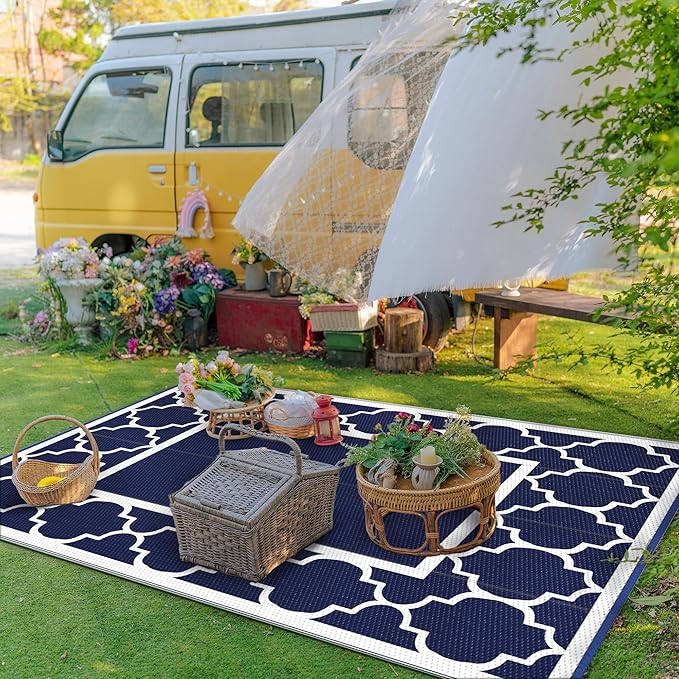 GENIMO Outdoor Rug 8' x 10' Patio Waterproof, Foldable Reversible Plastic Straw Area Rugs Mat for Camper Decor, Outside Carpet for Rv, Deck, Porch, Picnic, Beach, Balcony, Blue & White