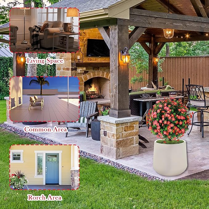 Sunnyglade Set of 2 Artificial Boxwood Topiary Ball Trees with Red Flower, Faux Shrub Bushes with Ground Spike 25.5", UV Resistant Fake Boxwood Plants for Indoor, Garden, Porch, Patio Decor (Red)