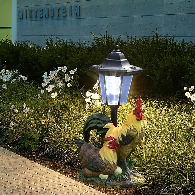 Solar Garden Outdoor Statues Rooster Hen Couple with Light, Outside-Outdoor Decorations Chicken Sculptures for Patio Yard Lawn Walkway Ornaments Clearance Gifts for Mom Grandma Birthday