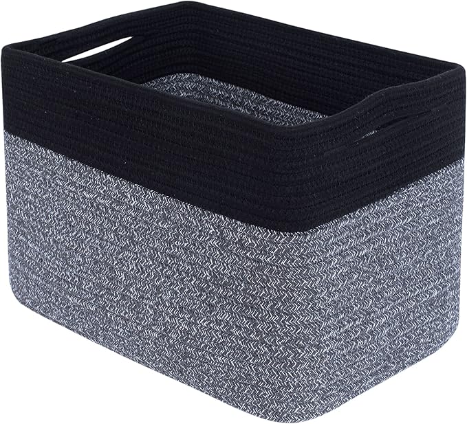 MINTWOOD Design Storage Basket for Shelves, Decorative Baskets for Organizing, Book Basket, Storage Cube Bin Box, Woven Closet Organizer, Pantry Closet and Shoe Basket, Black Grey Mix