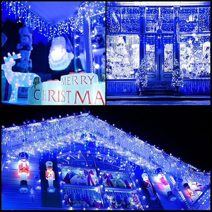Led Christmas Lights Outdoor Christmas Decorations Hanging Lights 400LED 8 Modes 75 Drops, Waterproof Outdoor Indoor Fairy Christmas Lights for Party, Holiday, Wedding Decorations (Blue)