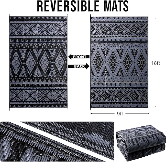 OLANLY Outdoor Rug Waterproof 9x18 ft, Reversible Outdoor Plastic Straw Rug, Boho Patio Rug, Indoor Outdoor Carpet, RV Mat Outside for Patio, Camp, Picnic, Balcony, Deck, Backyard, Black & Grey