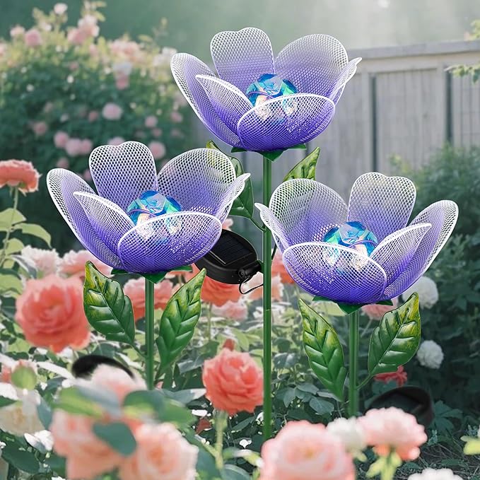 Solar Lights Outdoor Garden, 2 Pack Solar Powered Metal Flowers LED Breathing Light Waterproof,Solar Flowers for Outside Patio Lamp,Garden Gifts for Women,Landscape Lighting,Yard Pathway Decor