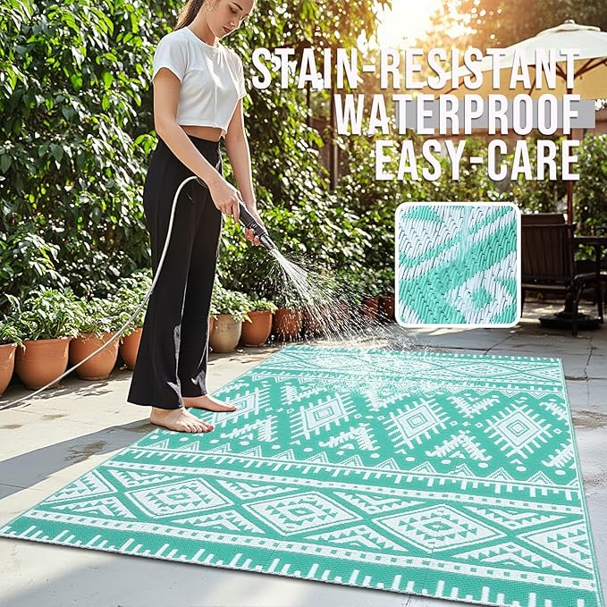 OLANLY Outdoor Rug Waterproof 4x6 ft, Reversible Outdoor Plastic Straw Rug, Boho Patio Rug, Indoor Outdoor Carpet, RV Mat Outside for Patio, Camp, Picnic, Balcony, Deck, Backyard, Turquoise & White