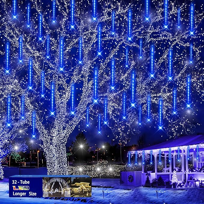 Christmas Lights Outdoors, 32 Tubes(Equivalent to 4 Sets of 8-Tubes) Meteor Shower Rain Lights - Blue lcicle Christmas Light Outdoor for Xmas Tree Wedding Party Holiday House Yard Decor, UL Plug