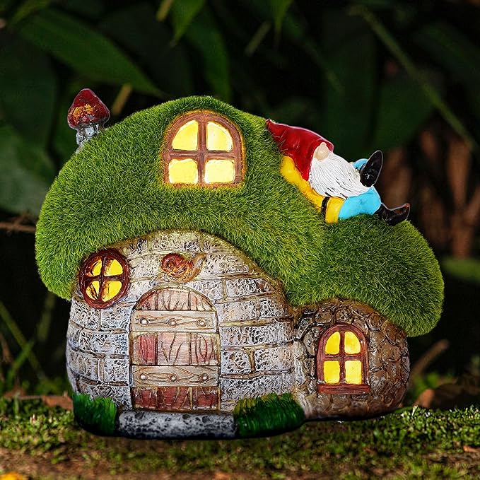 ILLUMINEW House Garden Statues with Solar Lights, LED Cute Flocked Fairy House with Gnomes Garden Figurine, Outdoor Patio Yard Lawn Decorations Gift