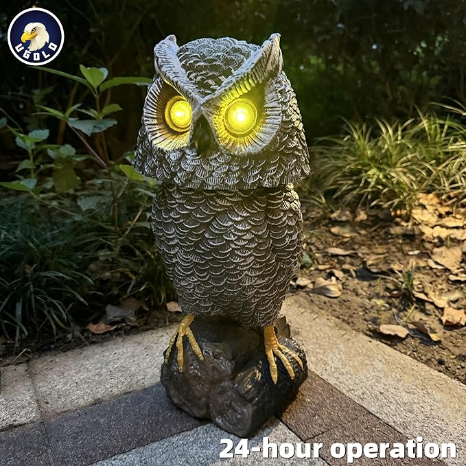 Solar Powered Garden Owl with Motion Detection, Rotating Head, Realistic Hoots and Silent Mode, Garden Sculpture, Plastic Owl Decoration for Home, Garden, Patio and Lawn
