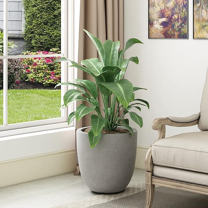 Kante 18 Inch Dia Round Concrete Planter, Indoor Outdoor Large Plant Pot with Drainage Hole and Rubber Plug for Home Patio Garden, Weathered Concrete