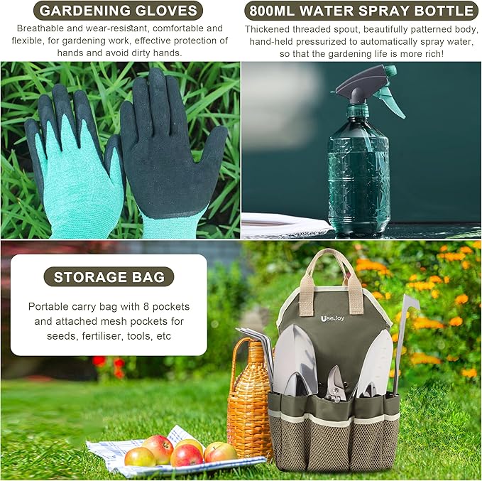 Gardening Tools Set of 9 Garden Hand Tools with Wooden Handles with Garden Bag for Tools Durable Hand Tools for Gardening,Weeding,Ideal Gifts for Women,Men,Parents and Grandparents