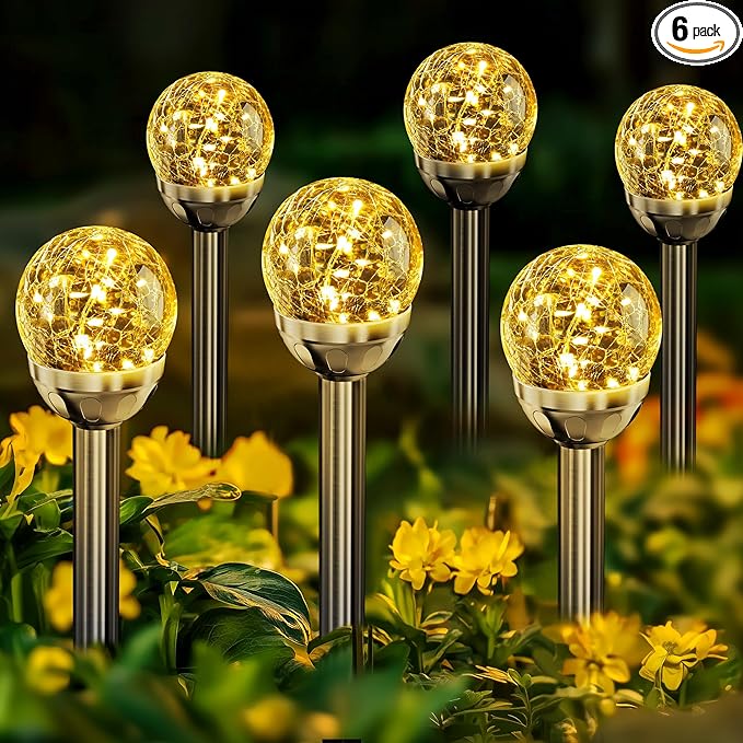 SOLPEX Solar Garden Lights String, 6 Pack Outdoor Christmas Decoration Warm White Solar Powered Cracked Glass Ball Lights, Waterproof for Patio Decoration