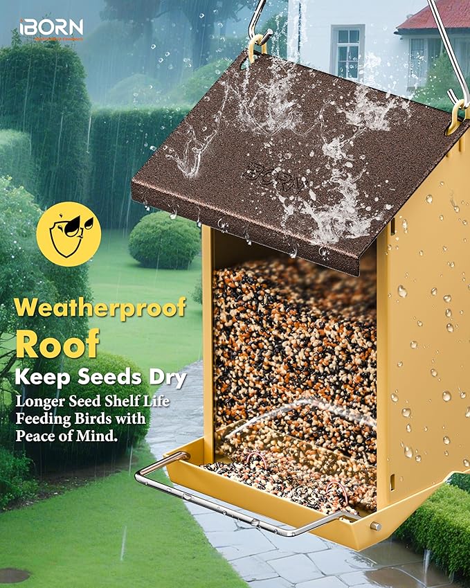 iBorn Bird Feeders for Outdoors,Bird House Feeder with Weatherproof Metal Roof & 8 Drain Holes,Fully Detachable Birdfeeder Design,Easy Clean & Refill,Chew-Proof PC Windows,1.5 Lbs Capacity,Coffee Roof