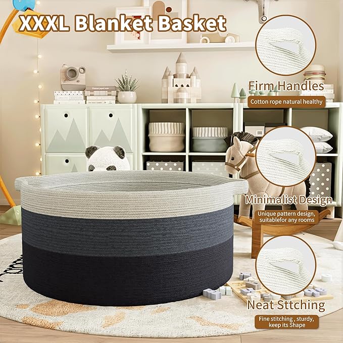 125L Extra Large Blanket Basket, 25" x 16", Jumbo Laundry Woven Basket Decorative Home, Cotton Rope Basket with Handles, Baby Toy Basket for Storage, Gradual Blue