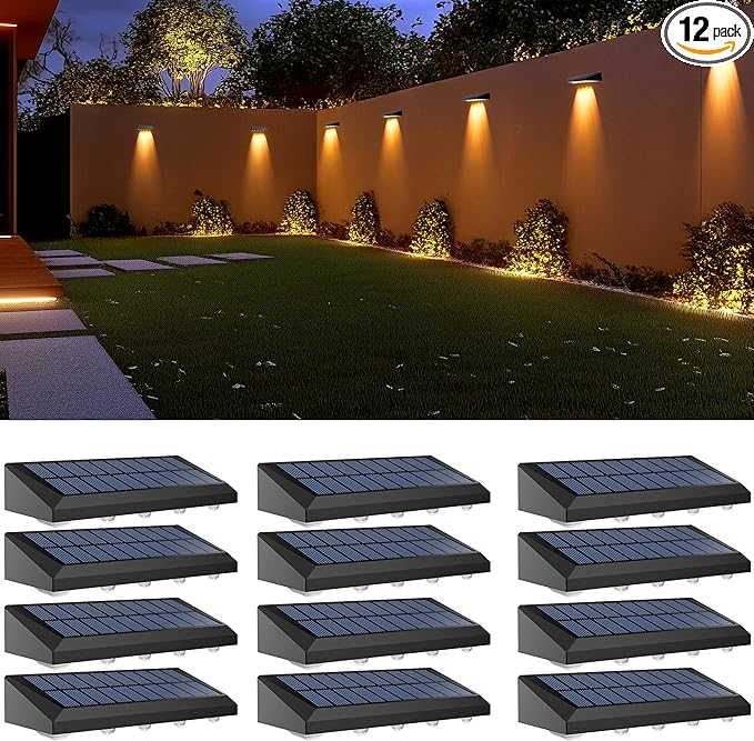 Solar Fence Lights Outdoor Waterproof IP65, 12 Pack Fence Lights Solar Powered 60 Lumens Auto On/Off Step Wall Lights Outside Decorations for Yard, Porch, Patio, Stairs, Pool, Deck, Garden- Warm Light