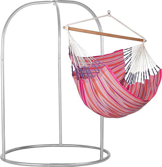 LA SIESTA - XL King Habana Cotton Hammock Chair & Romano Steel Stand - Indoor/Outdoor Hanging Chair Swing for Bedroom, Porch, Balcony - Boho Flamingo