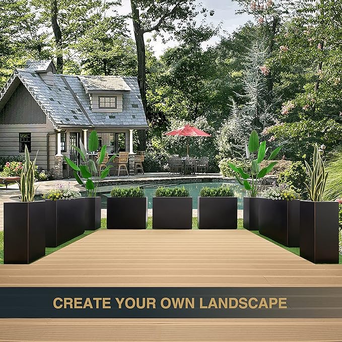 Metallic Heavy Planter for Outdoor Plants, 38Lx10Wx30H Inches Tall and Long Metal Divider Planter Box with Hand Brushed Gold Edge for Outside & Indoor, No Assembly (Black)