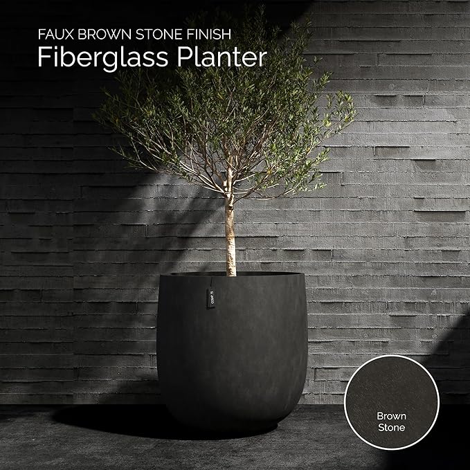 Mondo Large Planter – Brown Stone Finish – Fiberglass Indoor/Outdoor and Weather-Resistant Round Planter (19.7" D x 19.1" H Exterior, 18.5" D x 18.5" H Interior)