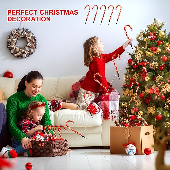 VCOKEN 10'' Christmas Candy Cane Pathway Markers Lights - Set of 10 Christmas Stakes Lights Outdoor Pathway Decorations, Connectable & Light Up Xmas Holiday Party Yard Art Indoor Outdoor Ornament