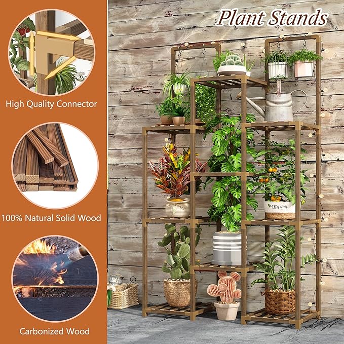 EnHomee Double Rod Tiered Plant Stand Indoor Wood Plant Shelves for Multiple Plants Stands with 8 Potted Load-Bearing 360 LBS 34.2''W*11.8''D*47.4''H