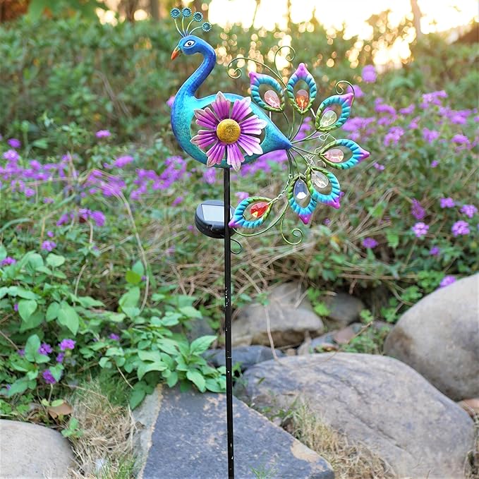 Solar Peacock Statue, Garden Metal Stake Lights Yard Decorations Outdoor,Perfect Peacock Gifts for Women, Ornaments,Mothers Day Ideal Gifts（Solar Peacock Flower ）