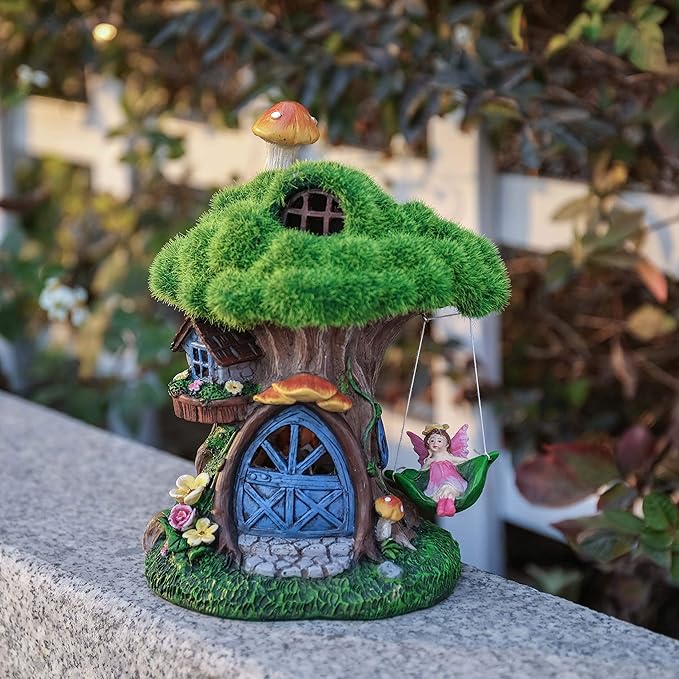 TERESA'S COLLECTIONS Fairy House Outdoor Statues with Solar Light for Garden Decor, Green Moss Resin Outdoor Cottage with Swinging Fairy, Lawn Ornaments Yard Decor Gifts for Mom Women, 8"