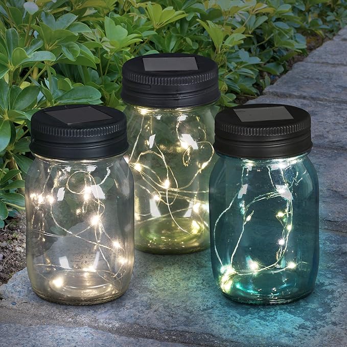 Exhart Solar Mason Jars, Set of 3 Glass Outdoor Garden Lanterns with Lids, 12 LED Firefly Lights, Lawn and Yard Decorations, 3.5 x 5.5 Inch