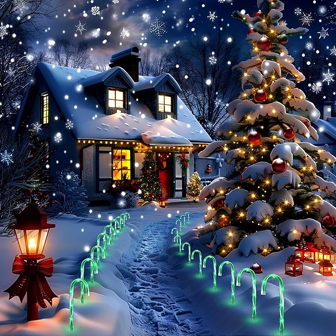 VCOKEN 10'' Christmas Candy Cane Pathway Markers Lights - Set of 10 Christmas Stakes Lights Outdoor Pathway Decorations, Connectable & Light Up Xmas Holiday Party Yard Indoor Outdoor Ornament, Green