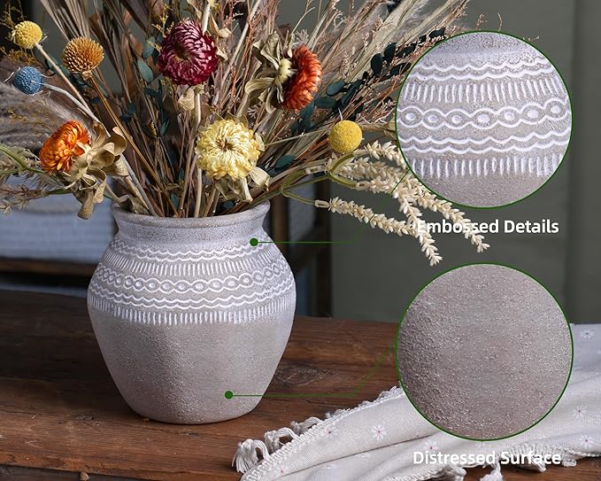 Quoowiit Ceramic Rustic Farmhouse Vase, Distressed Flower Vase for Home Decor, Boho Decorative Vases for Centerpiece Table Decorations, Vases for Living Room Kitchen Entryway Mantle Shelf Decor