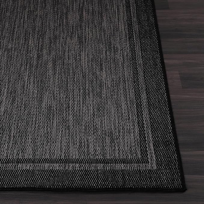 CAMILSON Indoor Outdoor Rug, 9x12 Bordered Dark Grey Black Modern Large Area Rugs for Indoor and Outdoor Patios, Kitchen and Hallway Mats, Washable Porch Deck Outside Carpet (Bordered Black, 9 x 12)