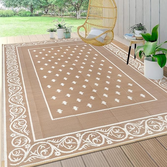 Pauwer Waterproof Outdoor Rug 6x9, Reversible Plastic Straw Patio Camping Rug, Indoor Outdoor RV Mat Carpet for Deck, Camper, Porch, Balcony, Backyard, Picnic, Bordered Beige