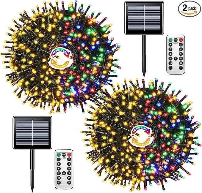 JMEXSUSS 2 Pack Warm White and Multicolor Solar Christmas Lights, Total 400 LED 151FT Color Changing Solar String Lights Outdoor Waterproof for Outside Yard Tree Xmas Christmas Decorations