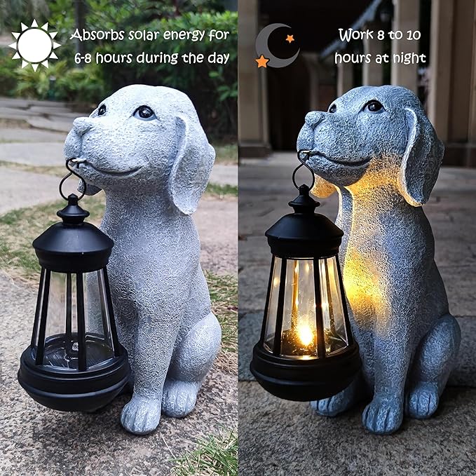 Dog Solar Garden Statues,Resin Dog Figurine Decorations with Solar Lights Lantern, Outdoor Decor Art for Lawn,Yard,Unique Housewarming Gift for Garden Home