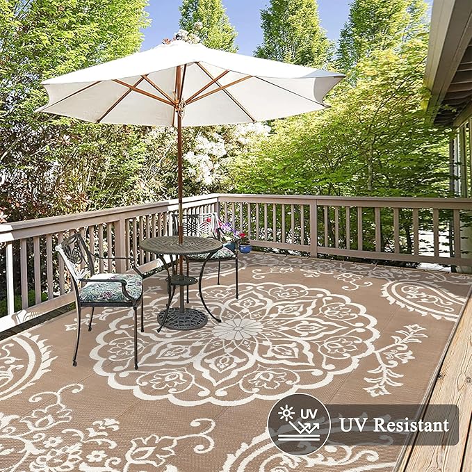 Pauwer Waterproof Outdoor Rug 8x10, Reversible Plastic Straw Patio Camping Rug, Indoor Outdoor RV Mat Carpet for Deck, Camper, Porch, Balcony, Backyard, Picnic, Boho Brown