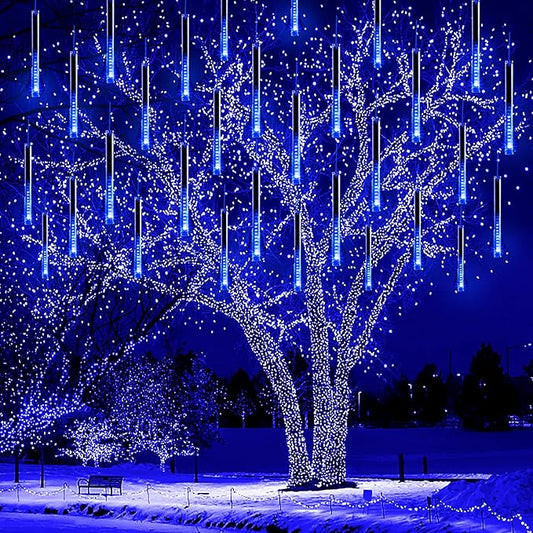Christmas Lights, 16 Inch/40cm Meteor Shower Lights, Xmas Decorations for Outside Yard Party, LED Icicle Christmas Light Outdoor for Tree Porch House Holiday, UL Plug, Blue