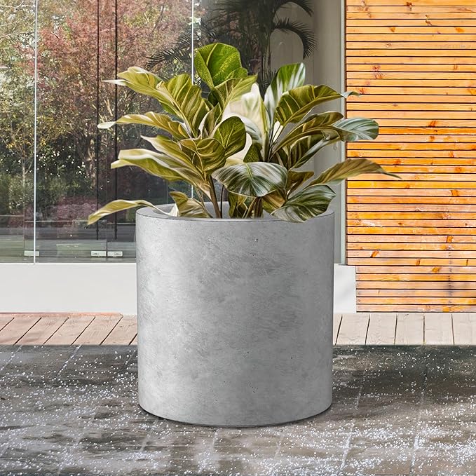 Kante 15.7" Dia Round Concrete Planter, Modern Style Large Cylindrical Plant Pot with Drainage Hole and Rubber Plug for Indoor Outdoor Patio, Natural Concrete