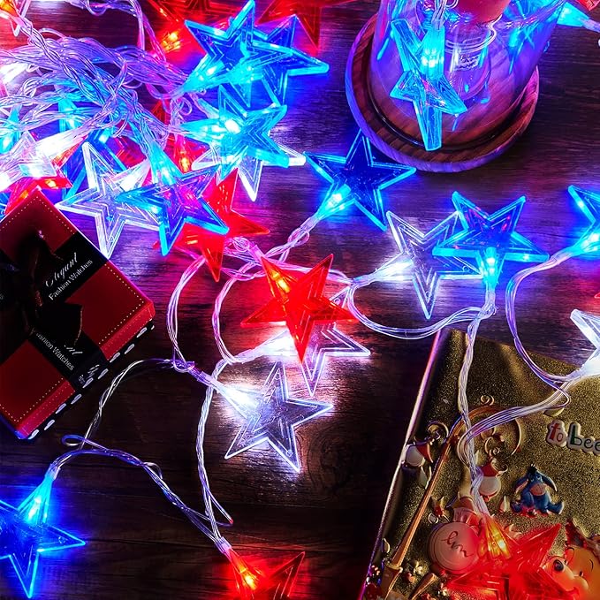 4th of July Decorations Red White Blue Lights with 60Led Big Stars, Solar Powered Rechargeable Independence Day Lights for Indoor Outdoor Home Garden Golf Cart Patriotic Theme Memorial Day Decorations