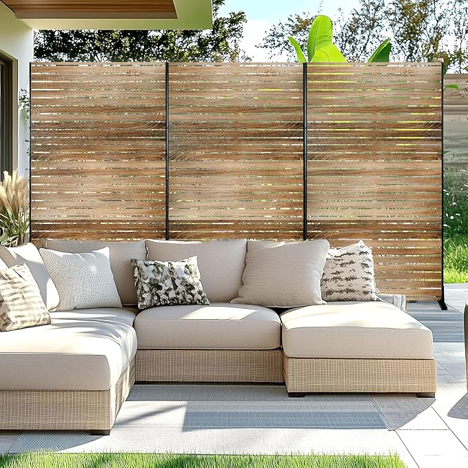 FENCY Outdoor Privacy Screen, 72" H×47" W Metal Patio Privacy Screen, Freestanding Decorative for Deck Balcony Patio Natural Wood Color